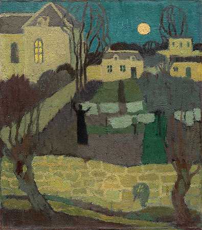 干燥亚麻，在牧草中的黄金月亮`Drying the Linen, or Moonrise at the Priory (1894) by Maurice Denis