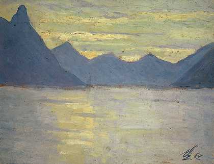 在卢加诺湖的看法往山脉的波罗佐`View on the Lake of Lugano toward the Mountains of Porlezza (1915) by Ernst Schiess