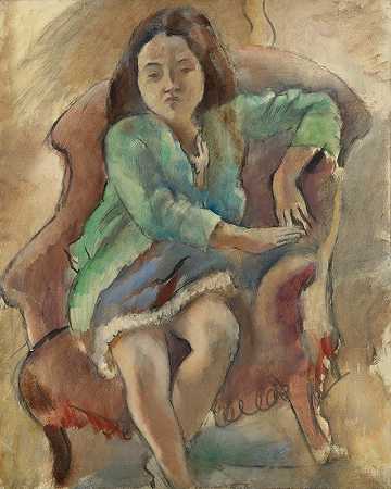 Simone D;Alal（牧羊人的女孩）`Simone Dalal (Jeune Fille Dans Une Bergère) (1924) by Jules Pascin