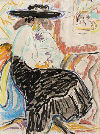 坐在工作室里的女人`Seated Woman in the Studio (1909) by Ernst Ludwig Kirchner