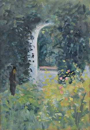 玫瑰园的妇女`Woman in a Rose Garden by Ernst Schiess
