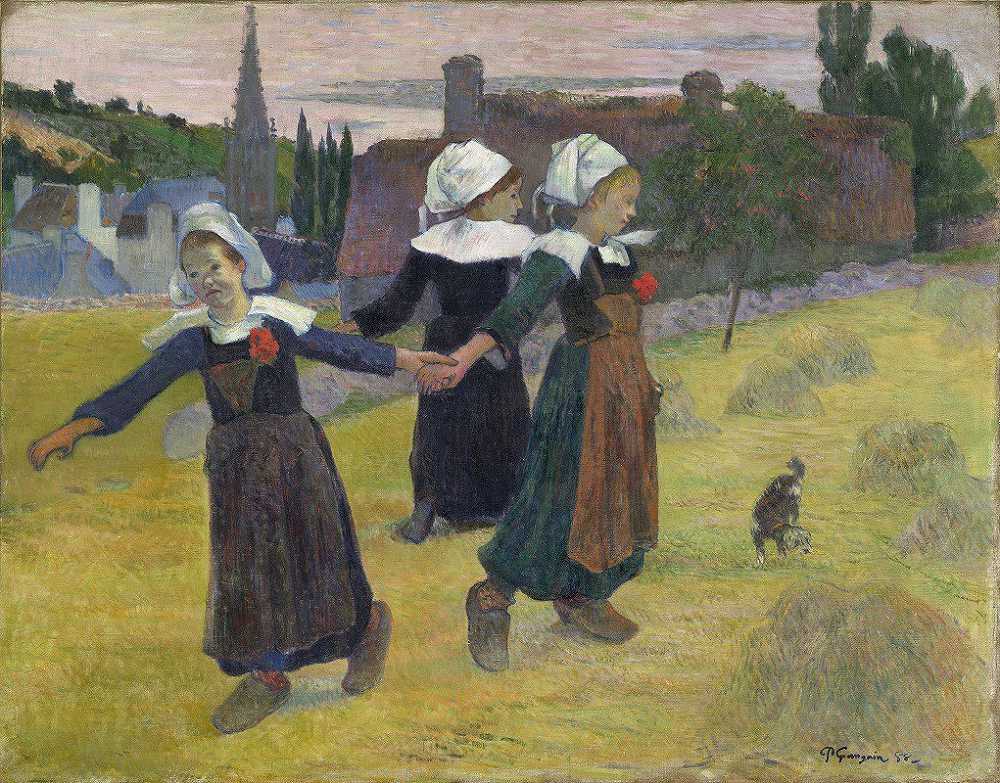 Breton女孩跳舞，Pont-Aven`
Breton Girls Dancing,Pont~Aven (1888)  by Paul Gauguin