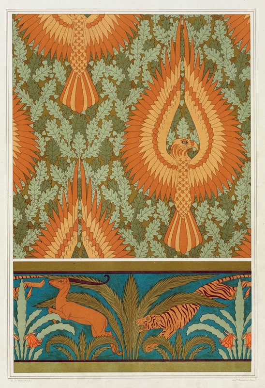 `Aigles et chêne, papier peint. Antilopes, tigres, cactus et palmiers, bordure. (1897) -