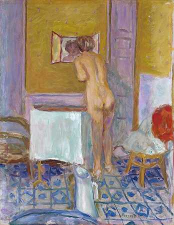 裸体用红色布（裸体在她的厕所）`Nude With Red Cloth (Nude At Her Toilet) (1915) by Pierre Bonnard