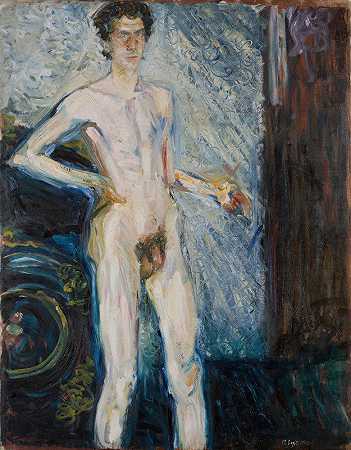 用调色板裸体自画像`Nude Self~Portrait with Palette (1908) by Richard Gerstl