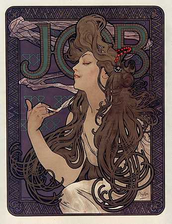 为借记卷烟的广告。`Publicité pour les cigarettes Job. (1896) by Alphonse Mucha