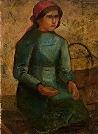 Dziewczyna W Zielonej Sukni Z Koszykiem`Dziewczyna w zielonej sukni z koszykiem (1914) by Tadeusz Makowski