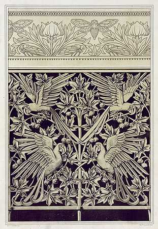 蝉和银莲花属，涂层边框。aras和平面树，铸铁。`Cigales et anémones, bordure de napperon. Aras et platane, fonte. (1897) by Maurice Pillard Verneuil