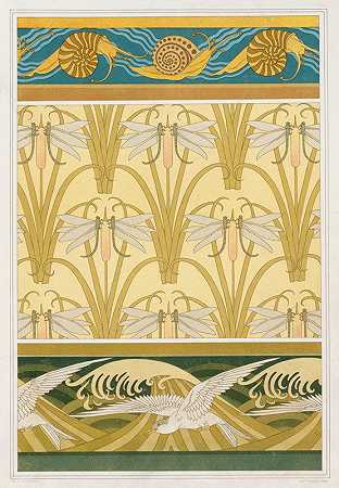 蜗牛，边缘叶子和芦苇，壁纸。部分，边界。`Escargots, bordure. Libellule et roseaux, papier peint. Mouettes, bordure. (1897) by Maurice Pillard Verneuil