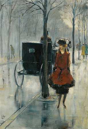Strassenszene Mit Frau，柏林（与妇女，柏林的街道场景）`Strassenszene Mit Frau, Berlin (Street Scene With Woman, Berlin) (1918) by Lesser Ury
