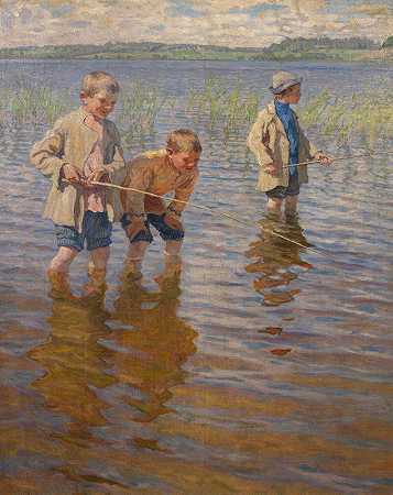 钓鱼`Mid~Day Fishing (1917) by Nikolai Bogdanov-Belsky