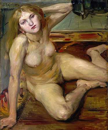 裸体女孩我们地毯`Nude Girl on a Rug (1912) by Lovis Corinth
