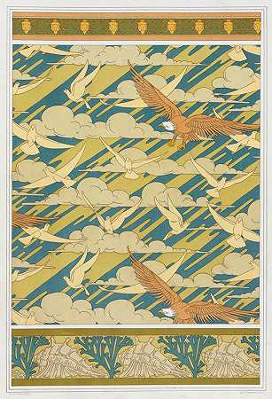 Carpocoris，border.egles和鸽子，壁纸。篮子和海藻，边界。`Carpocoris, bordure. Aigles et pigeons, papier peint. Coquillages et algues, bordure. (1897) by Maurice Pillard Verneuil