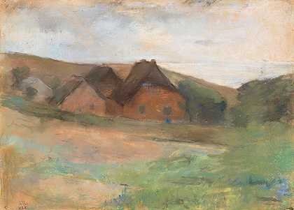 Wiesenlandschaft MitBauernhäusern（Küstendorf）`Wiesenlandschaft mit Bauernhäusern (Küstendorf) (1889) by Lesser Ury