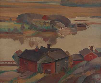 与大厦的河风景`River Landscape With Buildings (1930) by Ilmari Aalto