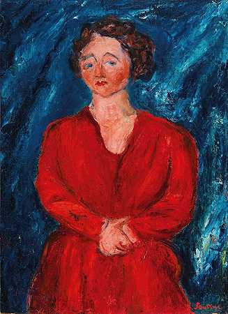 红色的妇女在蓝色背景`La Femme en rouge au fond bleu (around 1928) by Chaïm Soutine