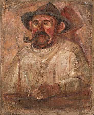 一个男人的胸围有的帽子`Bust of a man in a hat with a pipe (1921) by Tadeusz Makowski