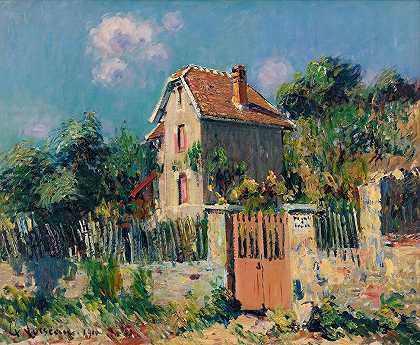 有桃红色栅格的房子，蓬蓬的周围`Maison À La Grille Rose, Environs De Pontoise (1910) by Gustave Loiseau