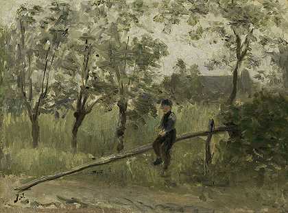 乡村男孩我们有杆障碍`Country Boy on a Pole Barrier (1900 1911) by Jozef Israëls