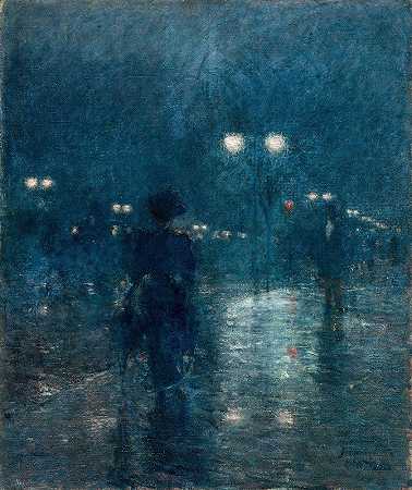 第五夜大道`Fifth Avenue Nocturne (c. 1895) by Childe Hassam