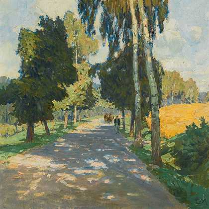 在Bruntál的树衬里路`Tree lined road in Bruntál by Carl Moll