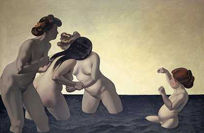三名妇女和一个小女孩在水中玩`Three Women and One Little Girl Playing in the Water (1907) by Félix Vallotton