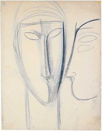 正面伸柄Gesicht und Kopf Im简介`Frontales langes Gesicht und Kopf im Profil (1914~15) by Amedeo Modigliani