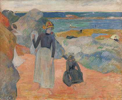 海滩场景`Beach Scene (1889) by Paul Gauguin