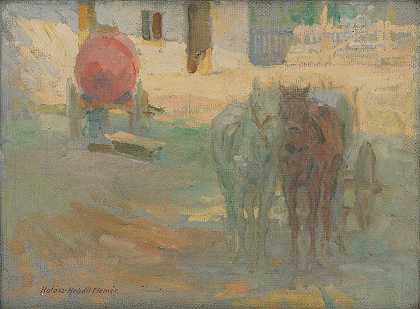 农场院子用轭马`Farm Yard with Yoked Horses (1908) by Elemír Halász-Hradil