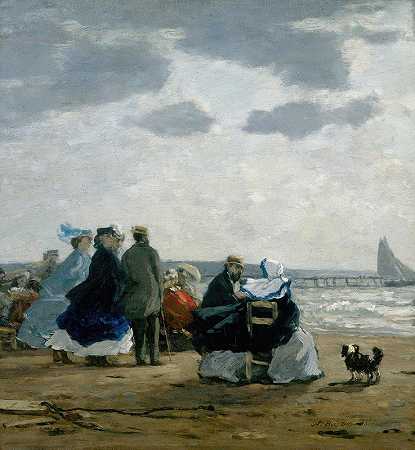 在海滩上，迪皮皮`On the Beach, Dieppe (1864) by Eugène Boudin