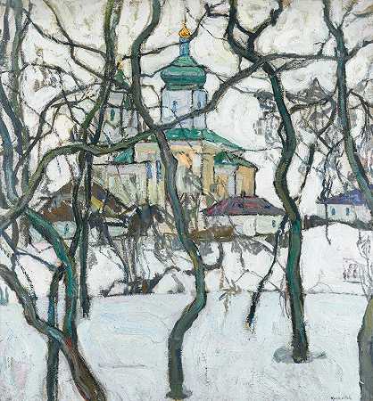 与教会的冬天场面`Winter Scene With Church (1911) by Abraham Manievich