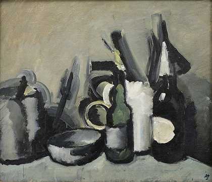 静物与瓶子`Still Life With Bottle (1923) by Harald Giersing