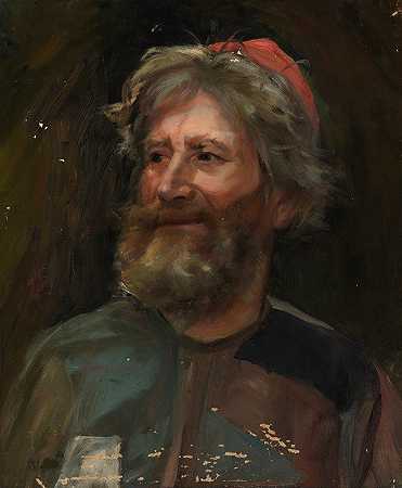戴红色盖帽的老人，绘画童话公主的剪影`Old Man Wearing a Red Cap, sketch for the painting Fairy Tale Princess (1895 ~ 1896) by Torsten Wasastjerna