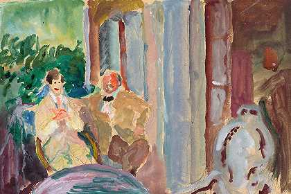 Sacharoff和Jawlensky在日内瓦湖的圣Prex阳台上`Sacharoff and Jawlensky on the balcony in St. Prex on Lake Geneva (1917~18) by Marianne von Werefkin