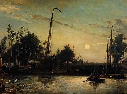 船在建设中由运河，荷兰风景`Bateau en construction en bord de canal, Paysage hollandais (1857) by Johan Barthold Jongkind