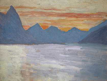 在Lugano湖的看法往山脉山在日出前`View on the Lake of Lugano toward the Mountains of Porlezza before Sunrise by Ernst Schiess