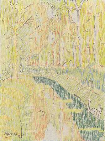 vaart tussen bomen.`Vaart tussen bomen (1908) by Jan Toorop