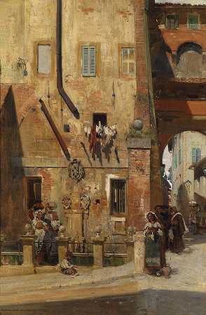 锡耶纳的气体`Gasse in Siena (1872) by Theodor Josef Ethofer