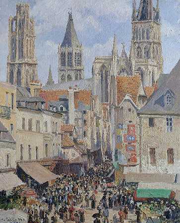 rue delà＃039;杂货店，鲁昂（阳光效果）`Rue de lÉpicerie, Rouen (Effect of Sunlight) (1898) by Camille Pissarro