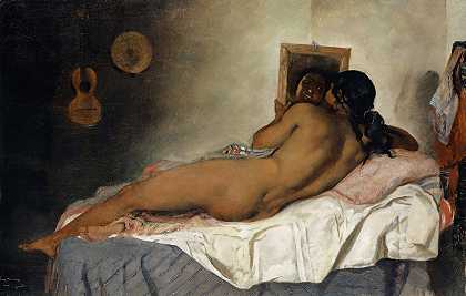 有镜子的赤裸西班牙吉普赛妇女`Naked Spanish Gypsy Woman with Mirror (1858) by Frank Buchser