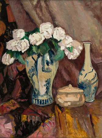 与白玫瑰的静物画在花瓶里`Still Life with White Roses in a Vase (1919) by Stefan Filipkiewicz