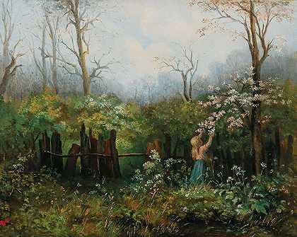 一个女孩在花园里`A Girl in the Garden by Olga Wisinger-Florian