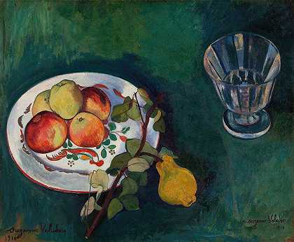 静物与水果和玻璃`Still Life with Fruit and Glass (1910) by Suzanne Valadon