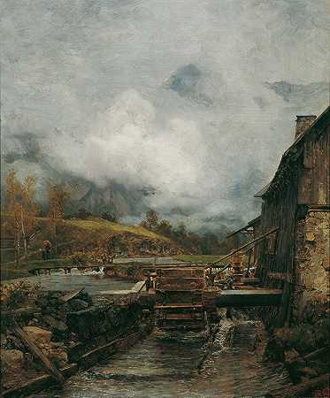 Wassermühle在Goisern（Nach Emil Jakob Schindler）`Wassermühle in Goisern (nach Emil Jakob Schindler) (1884) by Carl Moll