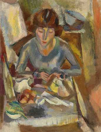 宠物在桌前的大卫`Hermine David Devant La Table (1918) by Jules Pascin