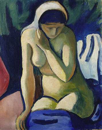 头巾的裸体女孩`Naked Girl with Headscarf (1910) by August Macke