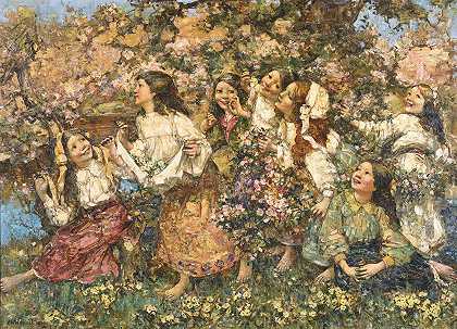 在春天的rondeley`A spring~Time Rondeley (1910) by Edward Atkinson Hornel