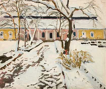Modlnica的庄园房子在冬天`Manor~House at Modlnica in Winter (1905) by Stanisław Kamocki