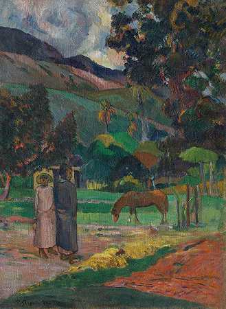大溪地风景`Tahitian Landscape (1892) by Paul Gauguin