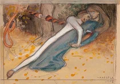 年轻人和被刺穿的女仆的剪影`Sketch of the youngman and the pierced maid (1907) by Akseli Gallen-Kallela
